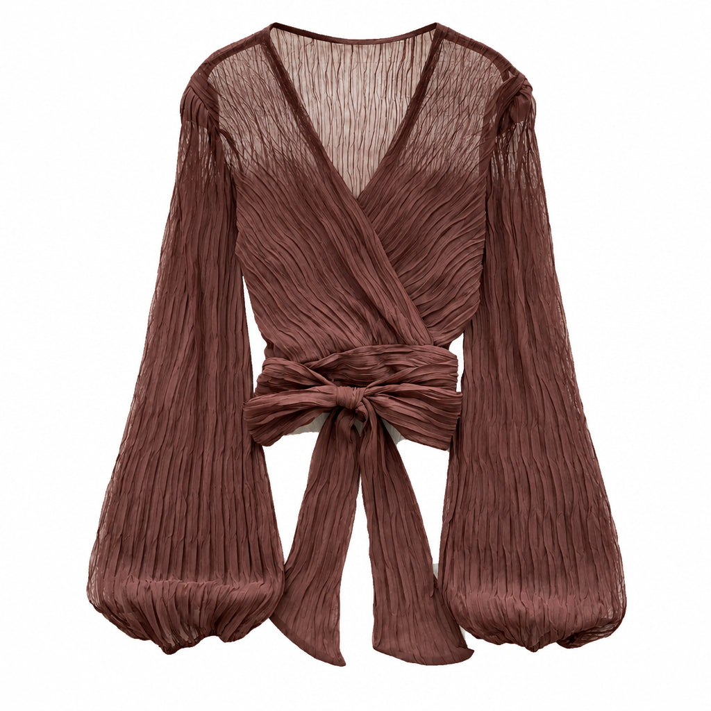 Damenbluse mit V-Ausschnitt und Wickeldesign – plissiertes Oberteil mit langen Ärmeln und Bindeband vorne für elegante Freizeitlooks