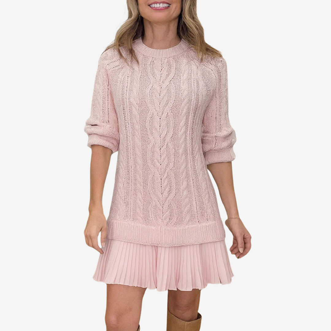 Women's Elegant Cable Knit Mini Dress with Pleated Skirt Hem and Classic Crew Neck – Soft Textured Relaxed Fit Knitted Dress with Long Sleeves for Smart Casual Autumn and Winter Everyday Wear