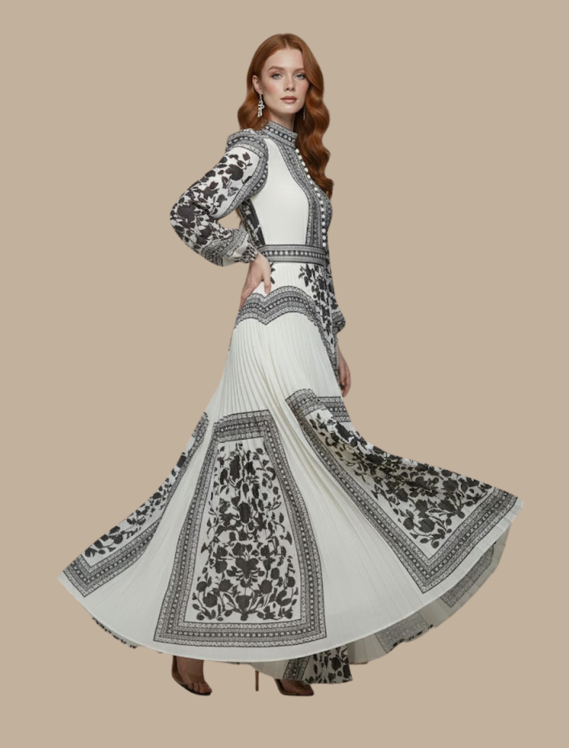 Women’s Printed Pleated Maxi Dress – Long-Sleeve Evening Gown for Formal Events