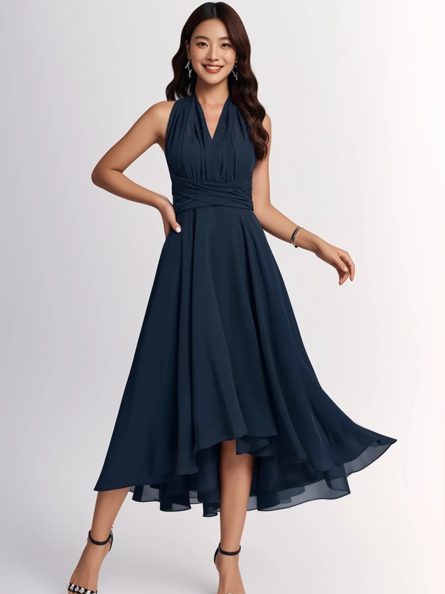 Abito midi da donna in chiffon con scollo a V e vita arricciata