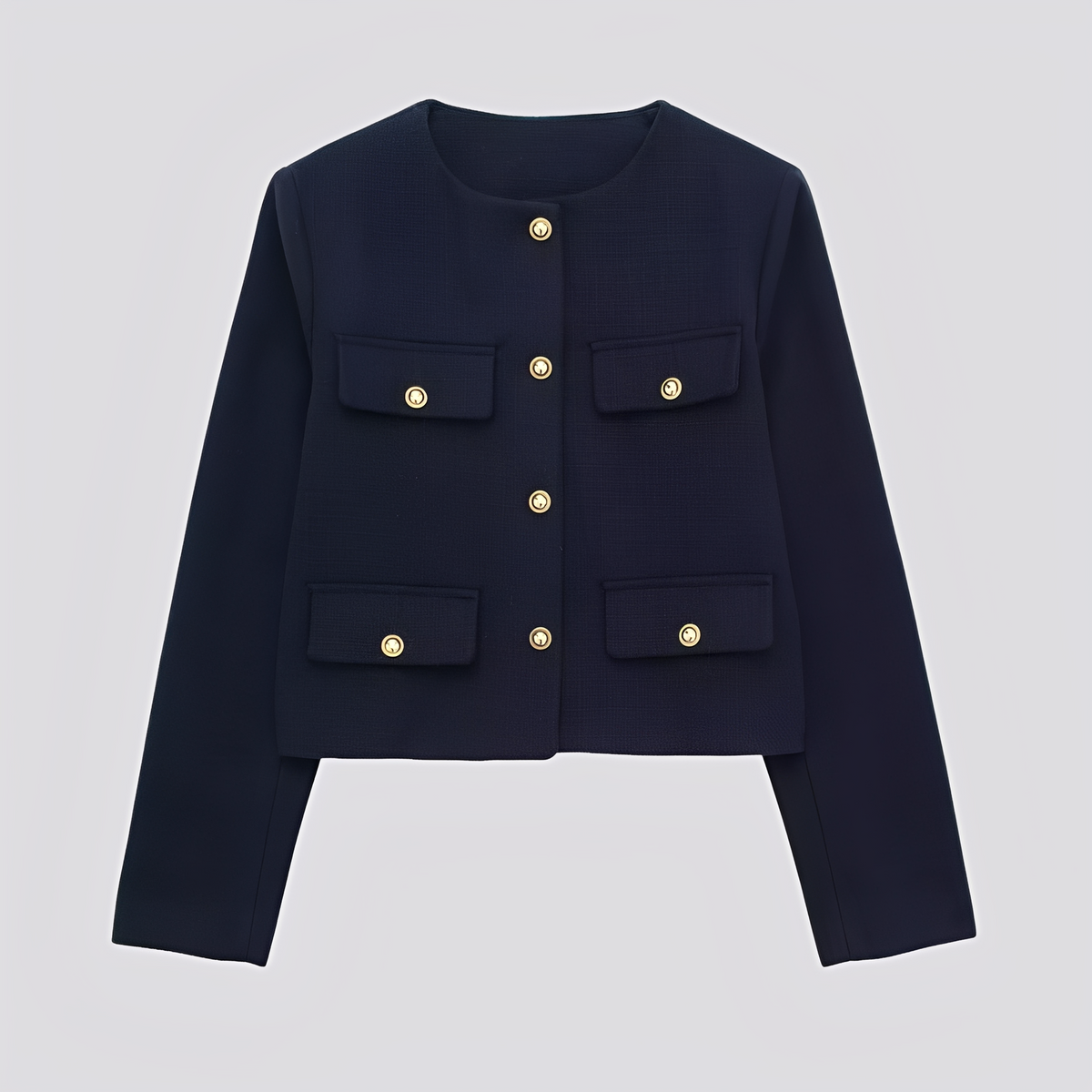 Kort damesjasje zonder kraag met decoratieve knopen en klepzakken - elegante getailleerde laag voor nette casual outfits