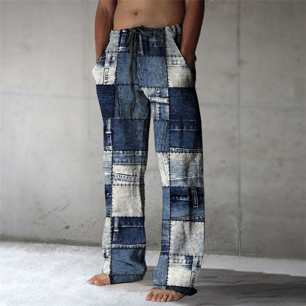 Men’s Patchwork Cotton-Linen Trousers – Relaxed Drawstring Pants for Casual Summer Wear