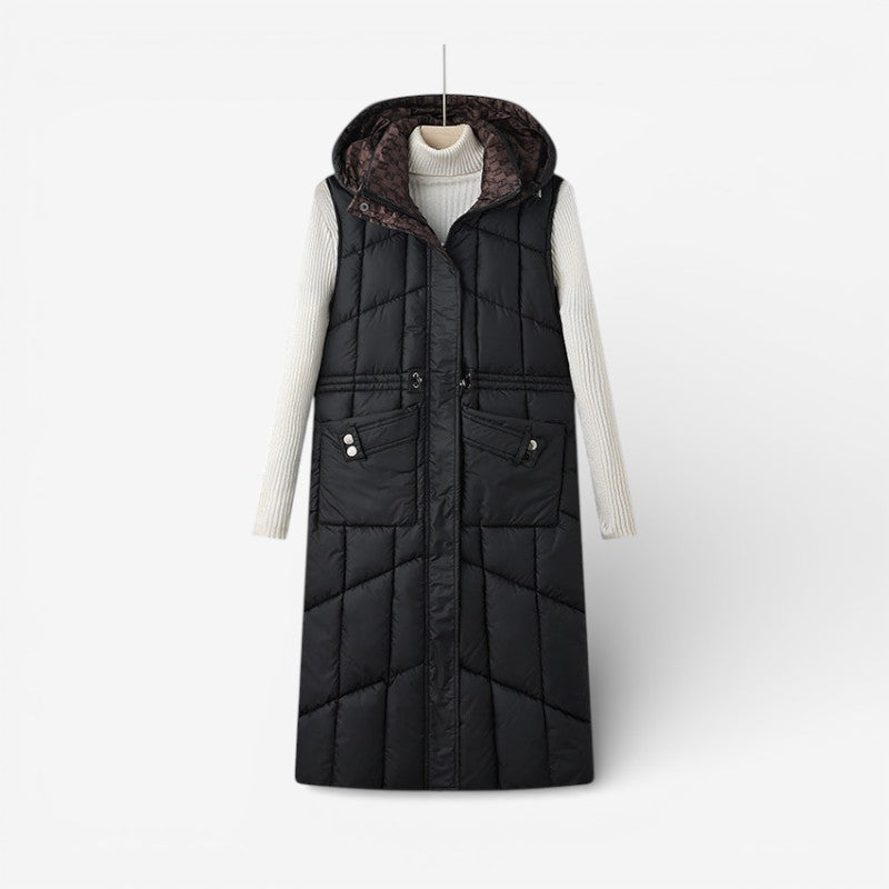 Lang, omkeerbaar gewatteerd damesgilet met capuchon en verstelbare taille - warme mouwloze gewatteerde bodywarmer voor herfst en winter