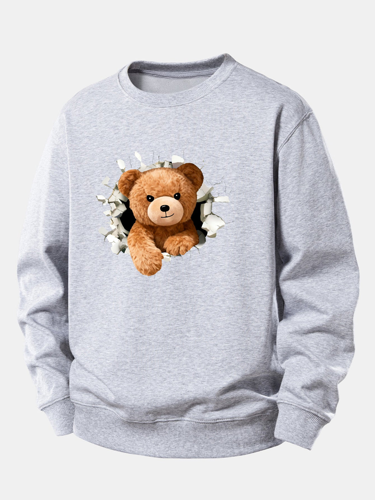 Sweatshirt til mænd med bamse, der bryder gennem en mur – afslappet pasform, bomuldsblanding, rund hals og legende grafik til afslappet streetwear