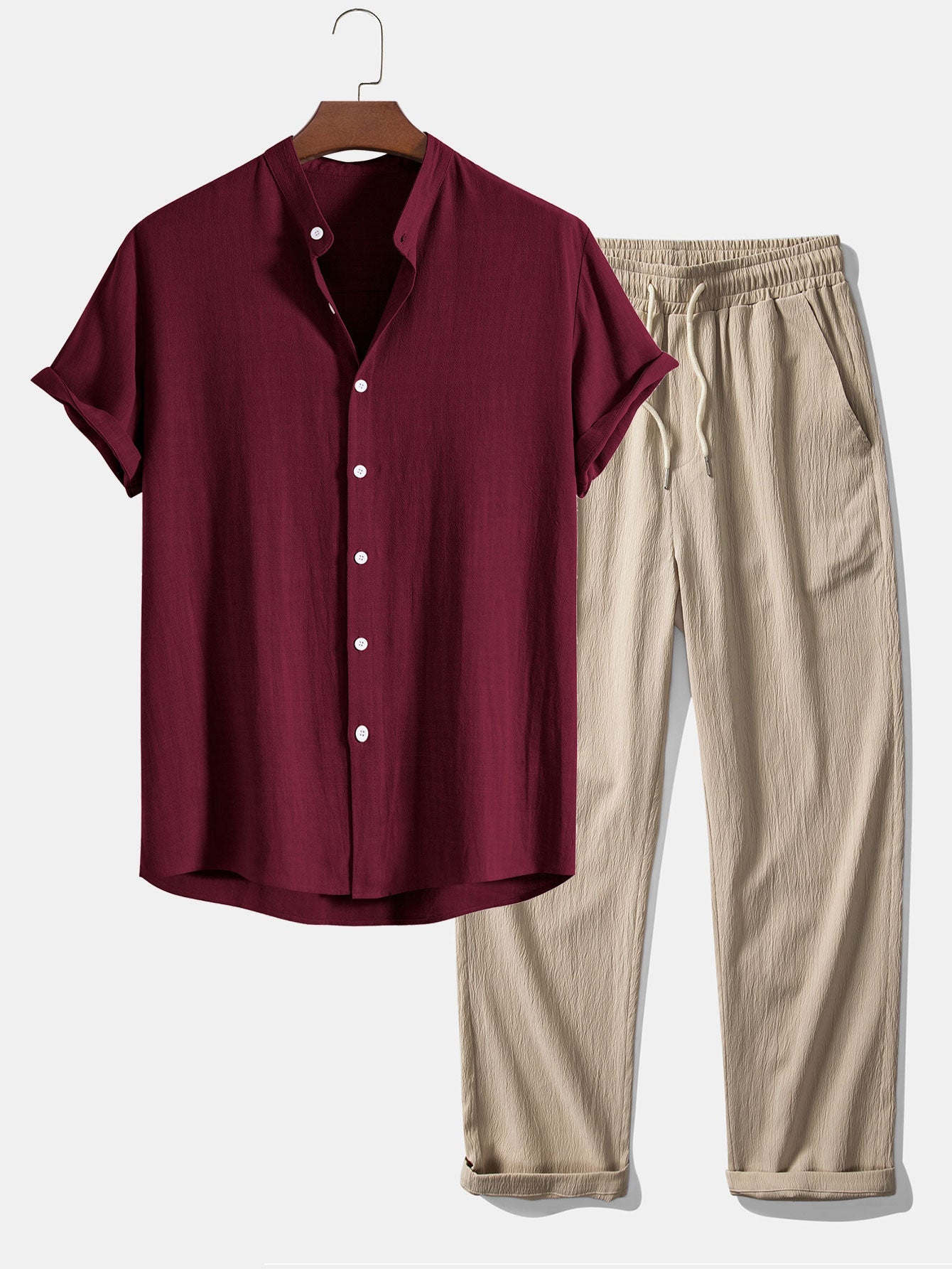 Men’s Linen Blend Summer Co-Ord – Stand Collar Shirt with Straight-Leg Trousers