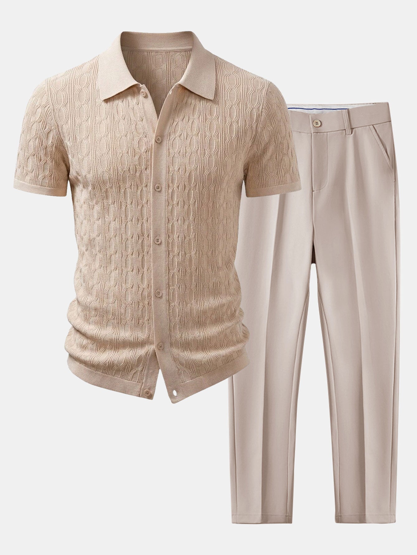 Set estivo uomo smart casual con camicia in maglia testurizzata di viscosa e pantaloni affusolati elasticizzati