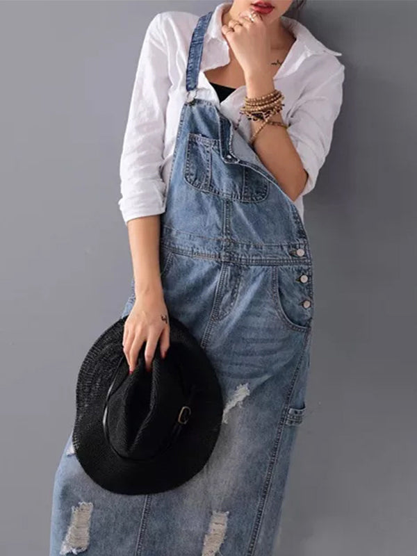 Vestido Maxi Pinafore de Ganga Desgastada para Mulher com Bolsos
