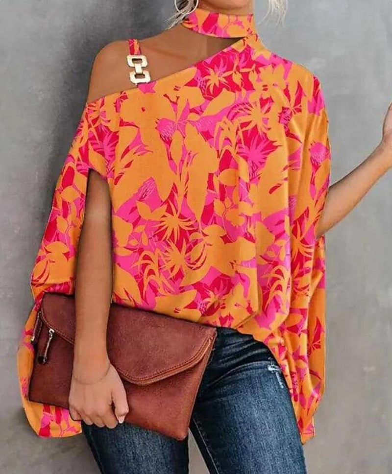 Asymmetrisk choker-top til kvinder – printet draperet bluse til fester og bybrug