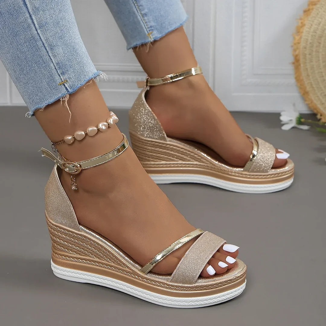 Women’s Glitter Platform Wedge Sandals – Ankle-Strap Shoes for Summer Events