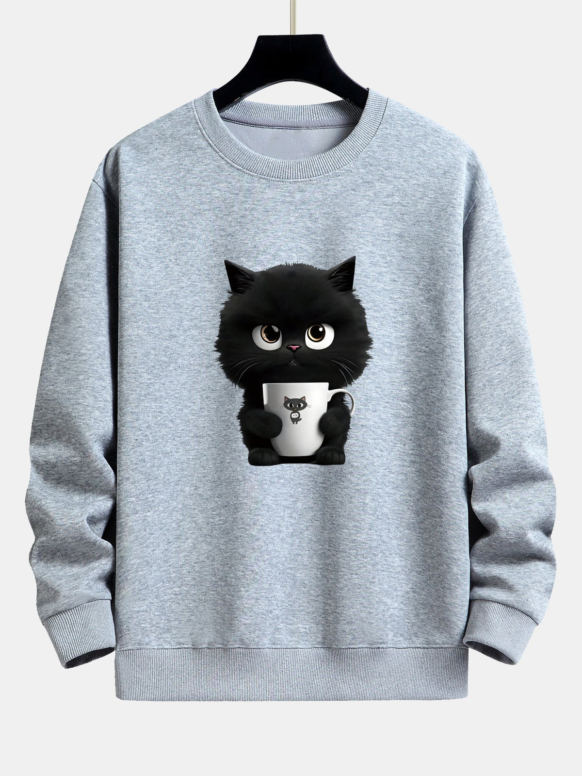 Niedliches Sweatshirt für Herren mit einer Katze, die Kaffee hält – Locker geschnittener Pullover aus Baumwollmischgewebe mit verspielter Kätzchen-Illustration und Rippbündchen