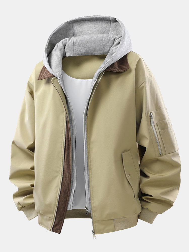 Chaqueta bomber para hombre de corte holgado con capucha desmontable: prenda informal con cuello de pana en contraste y cremallera para primavera y otoño