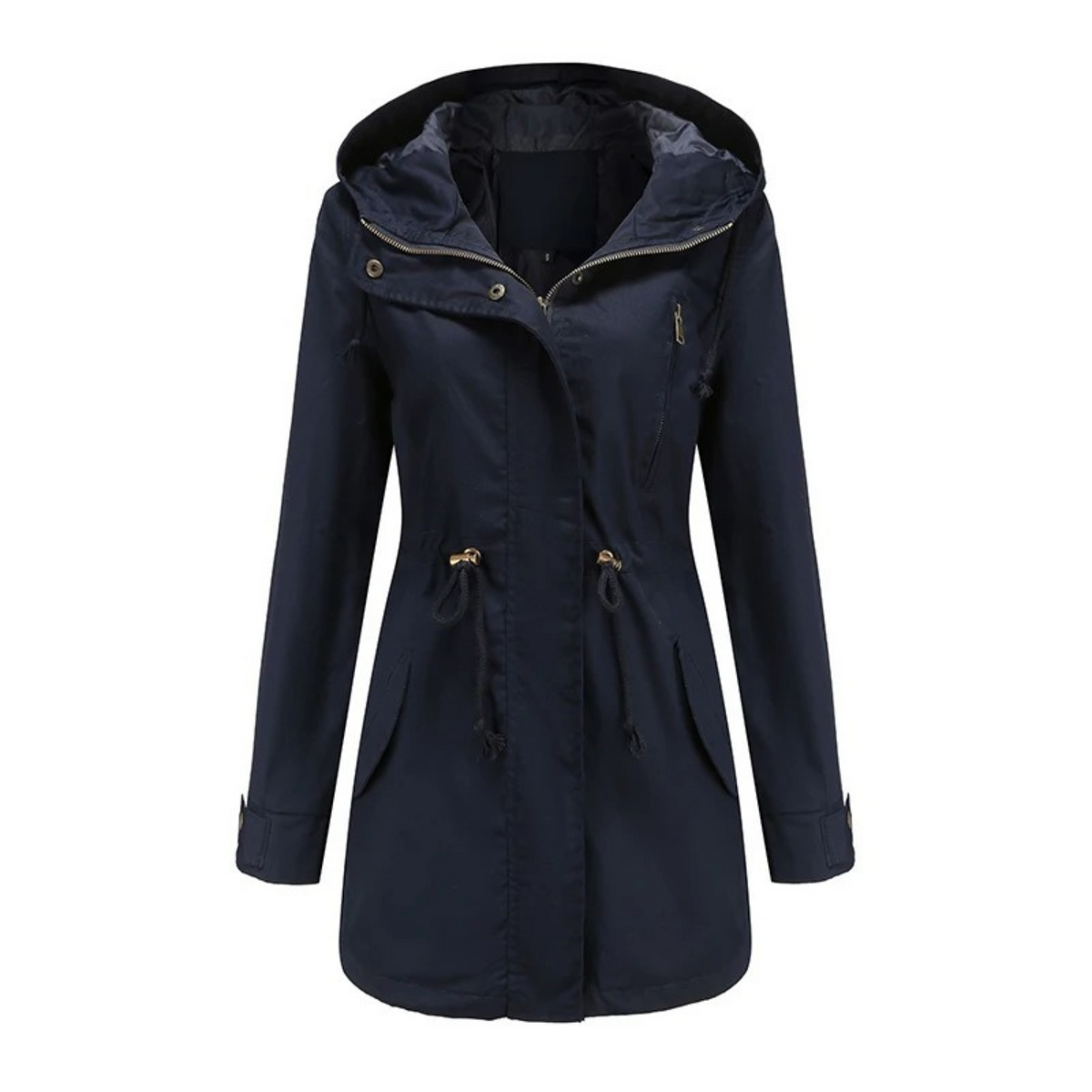 Women’s Hooded Drawstring Utility Parka – Mid-Length Zip-Front Jacket with Adjustable Waist and Practical Pockets