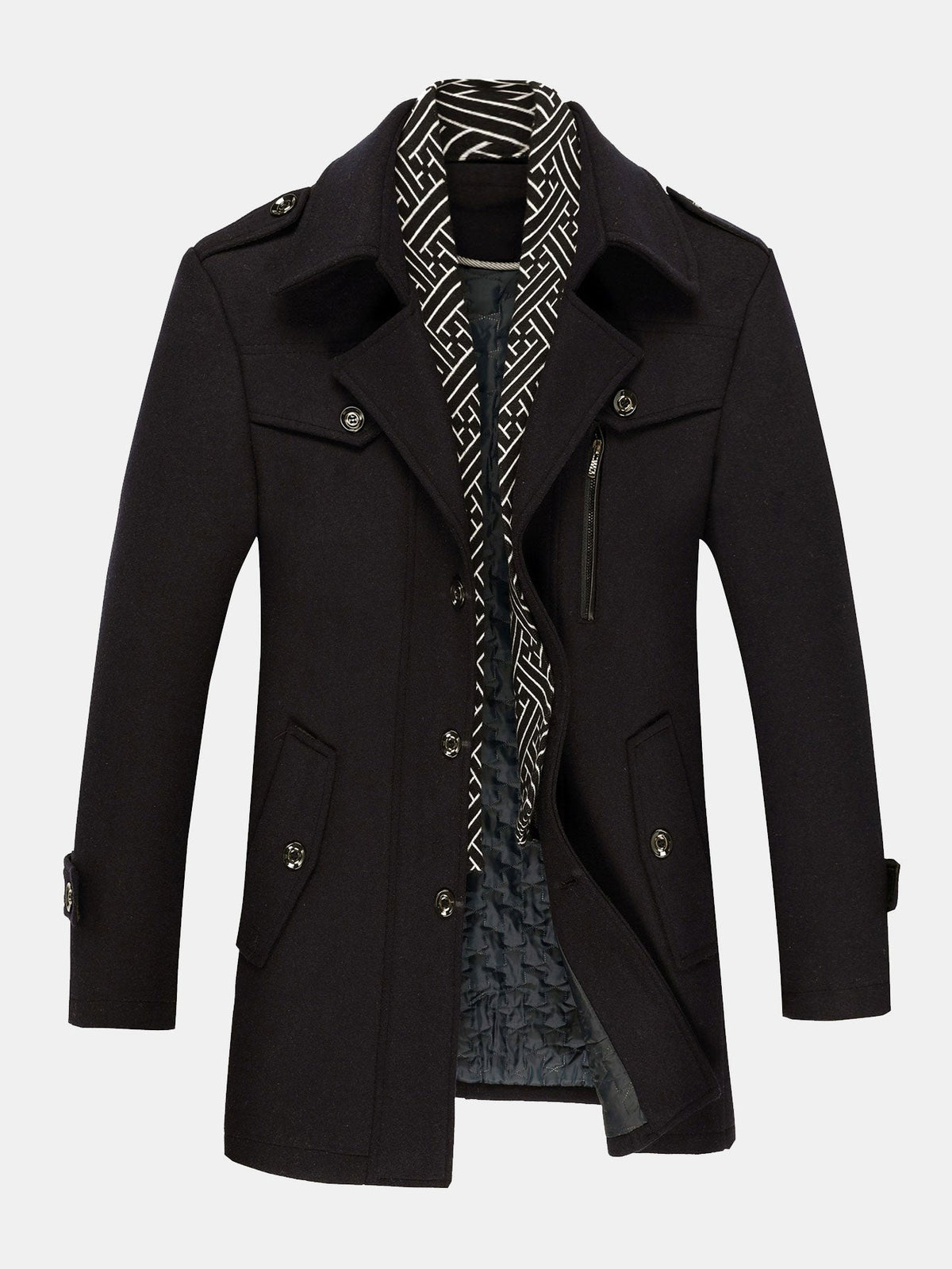 Abrigo acolchado de mezcla de lana para hombre con cuello de bufanda desmontable - Abrigo de invierno entallado de doble capa para vestir elegante e informal