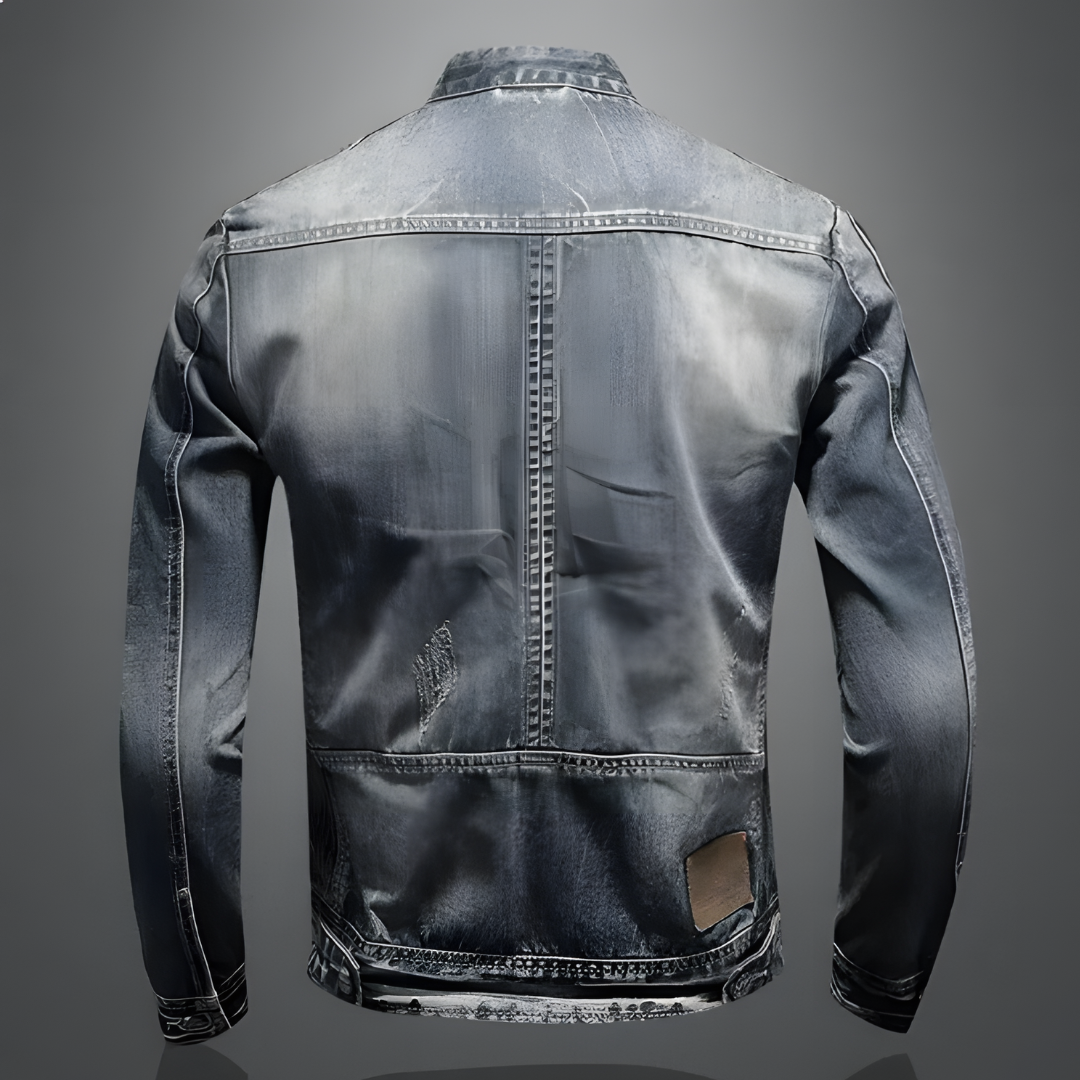 Giacca da motociclista vintage in denim da uomo – Strato effetto vissuto con chiusura frontale a cerniera, colletto rialzato e tasche con cerniere multiple