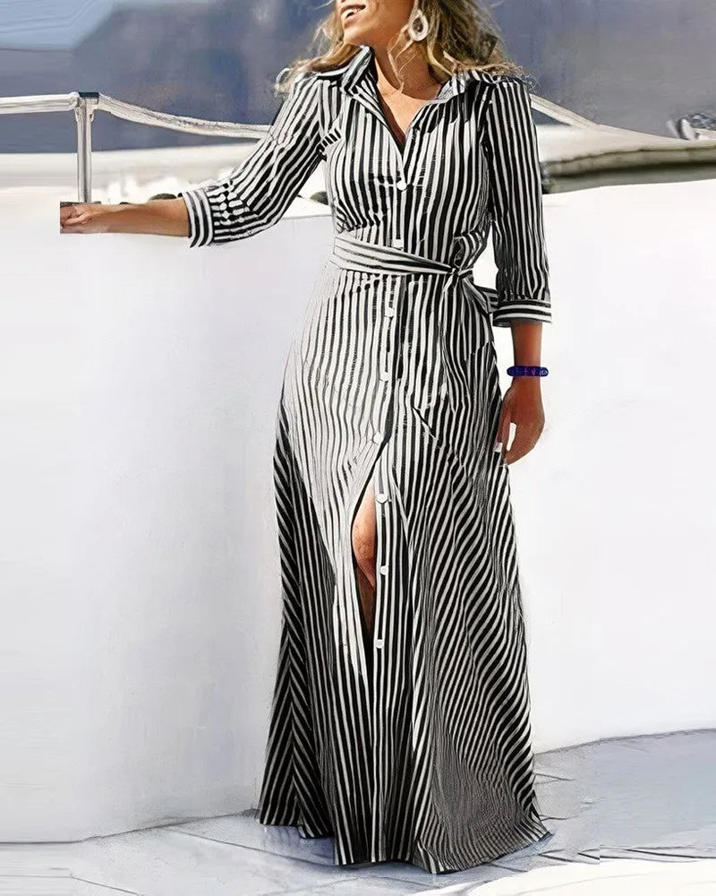 Vestido camisero estampado para mujer con cinturón, manga larga, largo midi