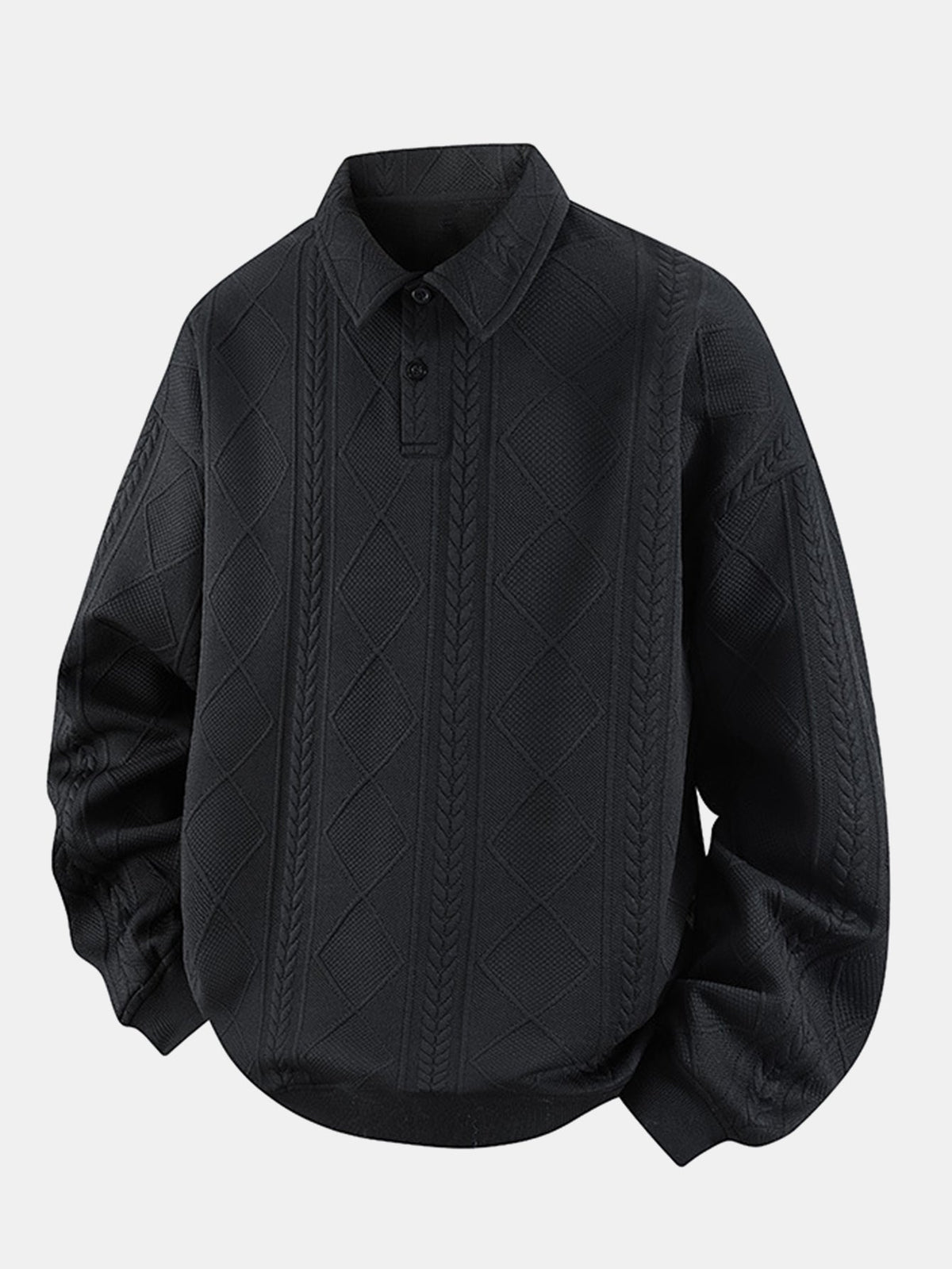 Bluză sport bărbătească cu guler polo și jacquard geometric cu model în romburi – Croială lejeră, model texturat cu mâneci lungi, smart casual, de purtat zi de zi