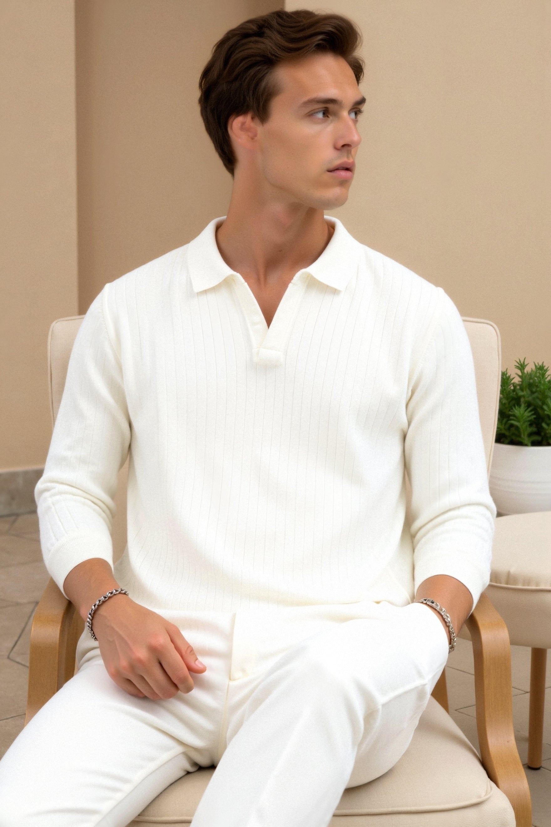 Men’s Ribbed Knit Polo Long Sleeve Smart Casual Shirt