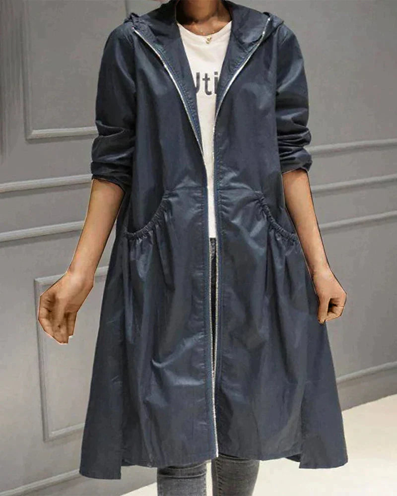 Women’s Hooded Long Raincoat – Lightweight Water-Repellent Coat for Travel Walking and Everyday Transitional Wear