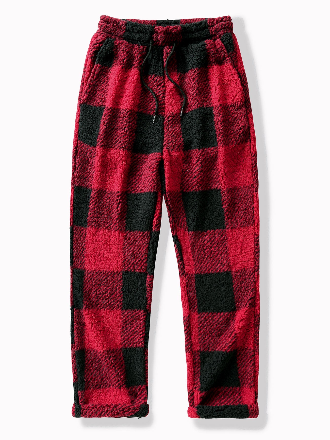 Men’s Checked Teddy Fleece Tracksuit – Hooded Two-Piece Set with Straight-Leg Trousers