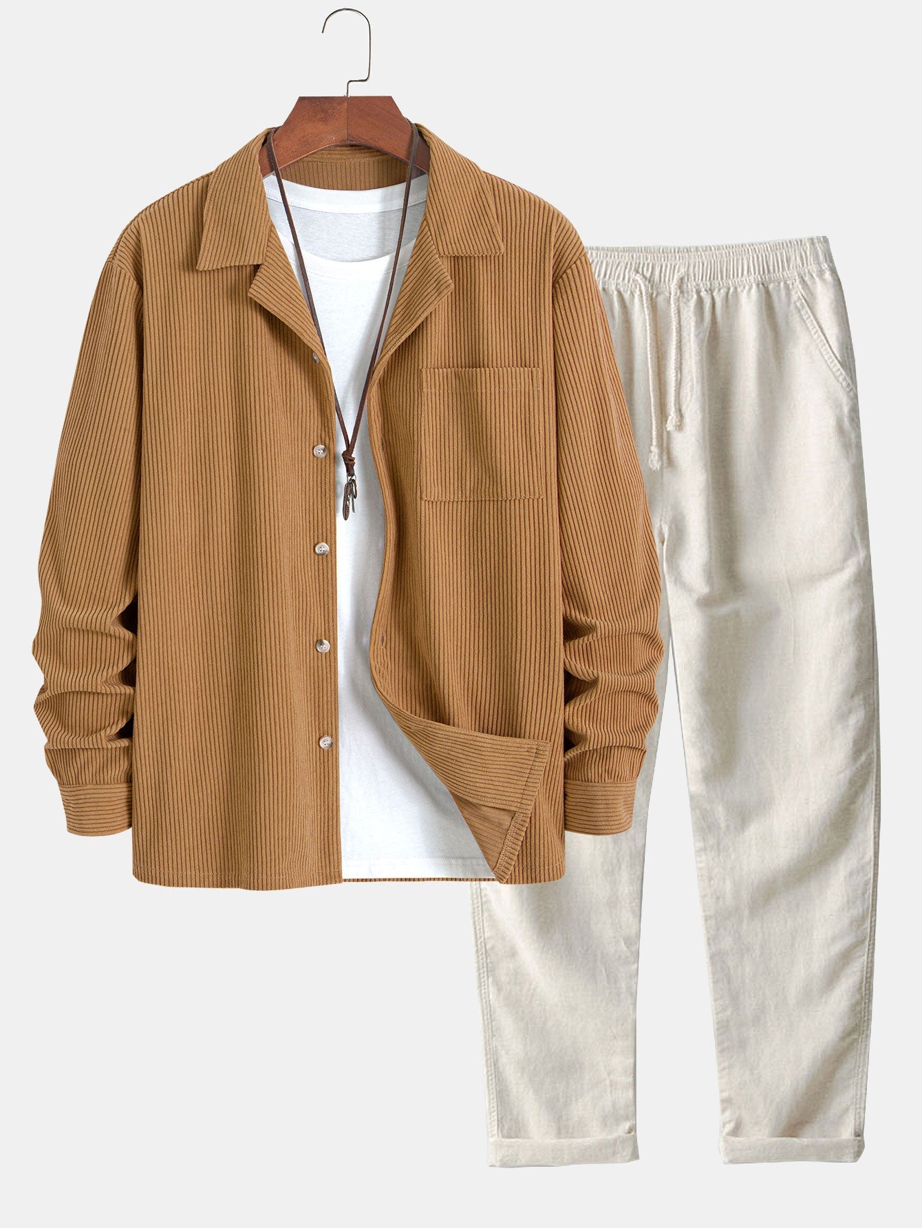 Men’s Corduroy Cuban Collar Shirt and Linen Blend Trousers – Relaxed Transitional Outfit