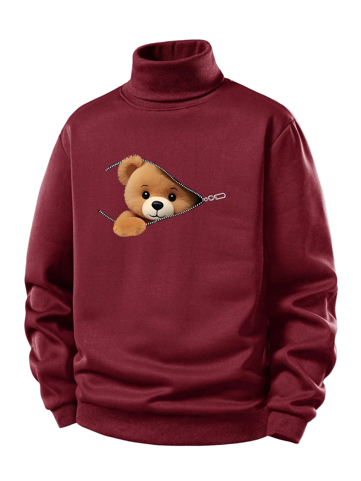 Bluză sport pentru bărbați cu interior căptușit cu fleece pufos, guler înalt rulat și imprimeu cu ursuleț cu fermoar - croială normală, călduroasă, stil casual, pentru toamnă și iarnă