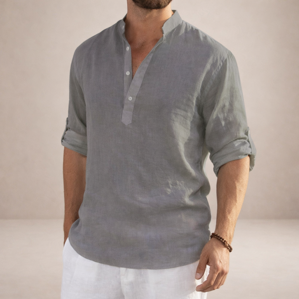 Camicia da uomo in lino con abbottonatura aperta, maniche arrotolate, vestibilità resort