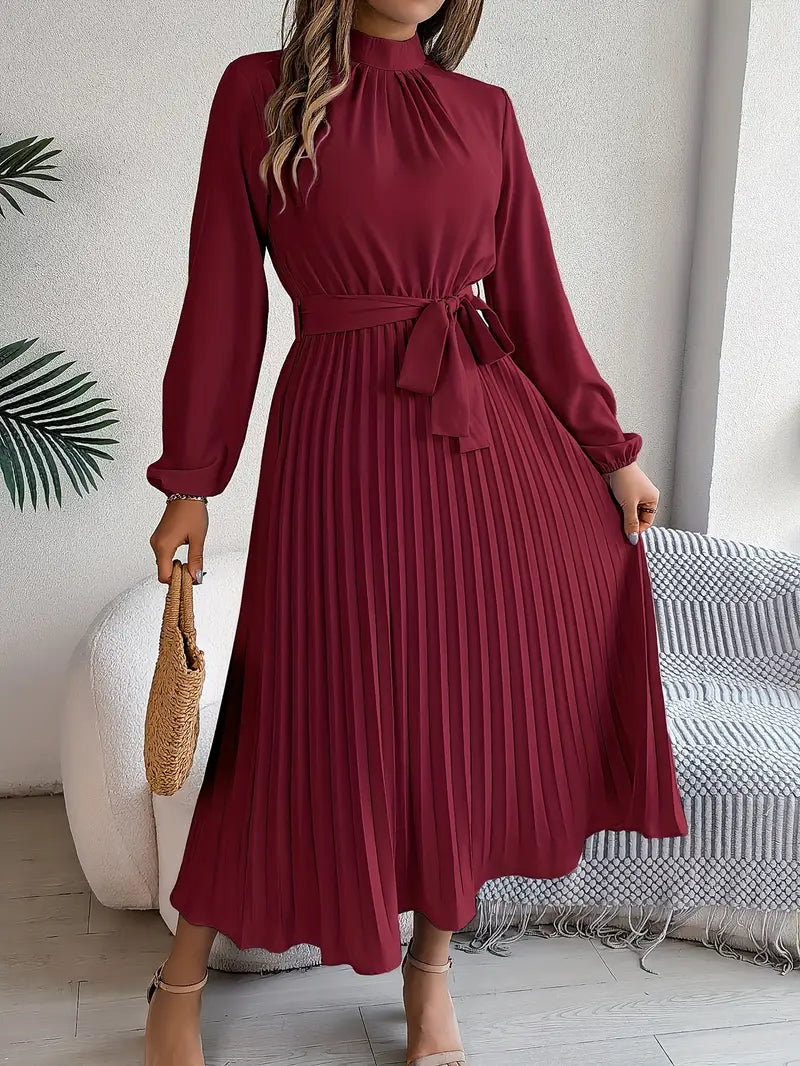 Women’s Pleated Midi Dress with High Neck Tie Waist