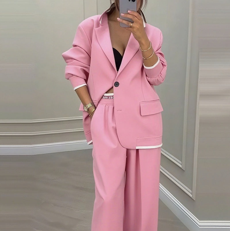 Elegante getailleerde blazer en broekpak voor dames met wijde pijpen - losvallende formele tweedelige outfit voor kantoor en gekleed casual