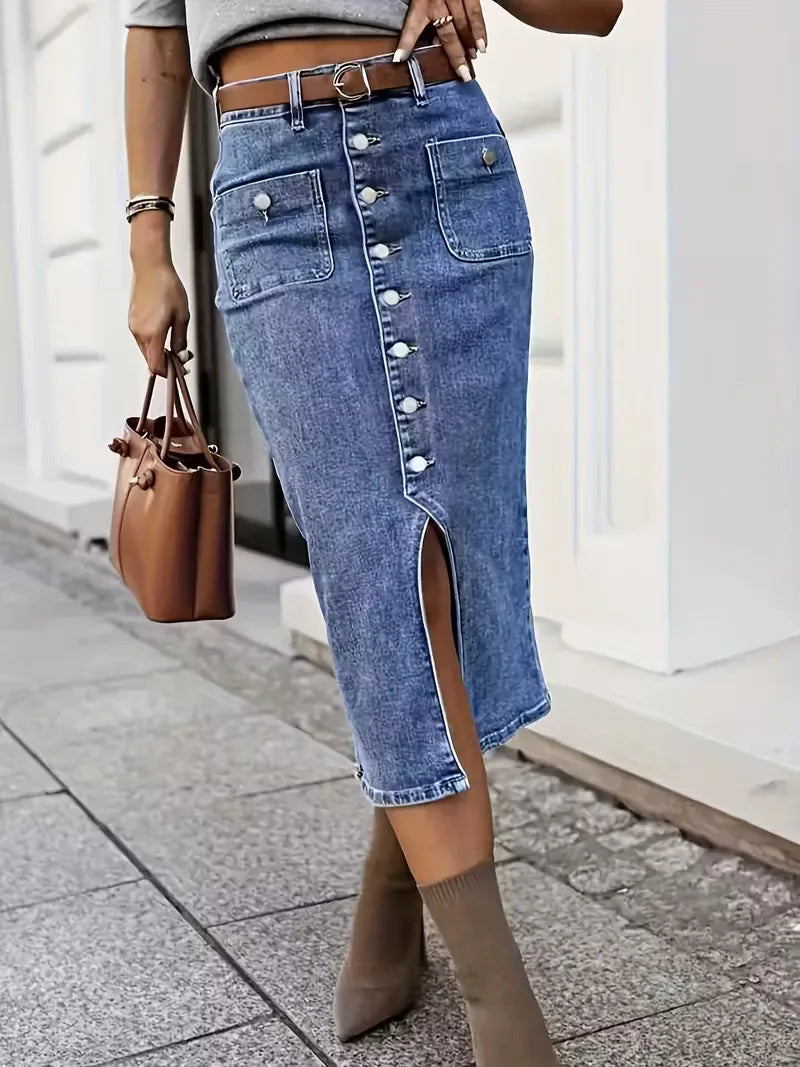 Fustă midi din denim pentru femei, cu nasturi în față și talie înaltă