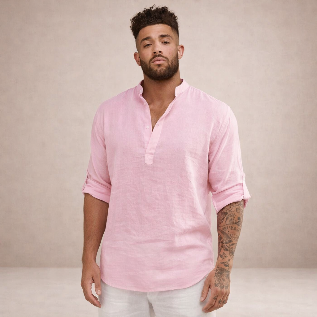 Camicia da uomo in lino con abbottonatura aperta, maniche arrotolate, vestibilità resort
