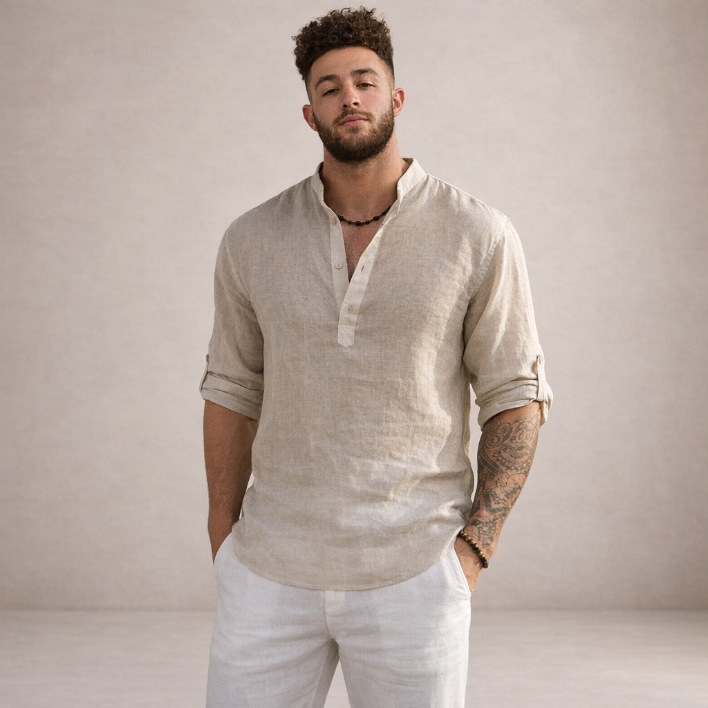 Camicia da uomo in lino con abbottonatura aperta, maniche arrotolate, vestibilità resort