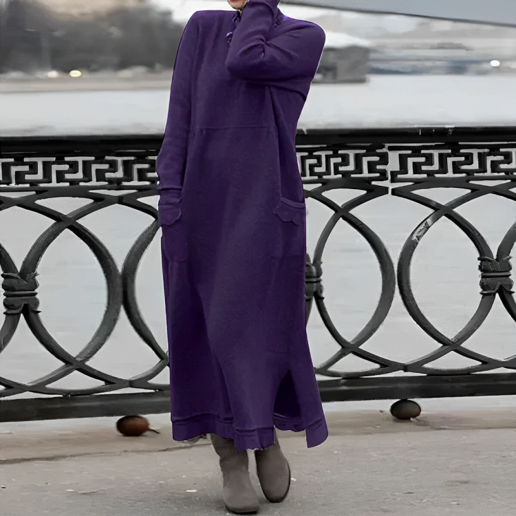 Robe longue en maille à manches longues pour femme – Style décontracté à col montant pour l’automne et l’hiver