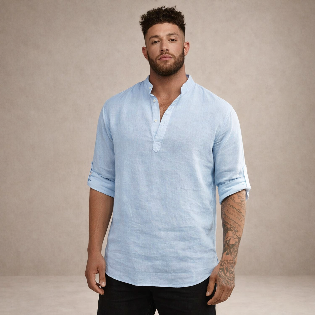 Camicia da uomo in lino con abbottonatura aperta, maniche arrotolate, vestibilità resort
