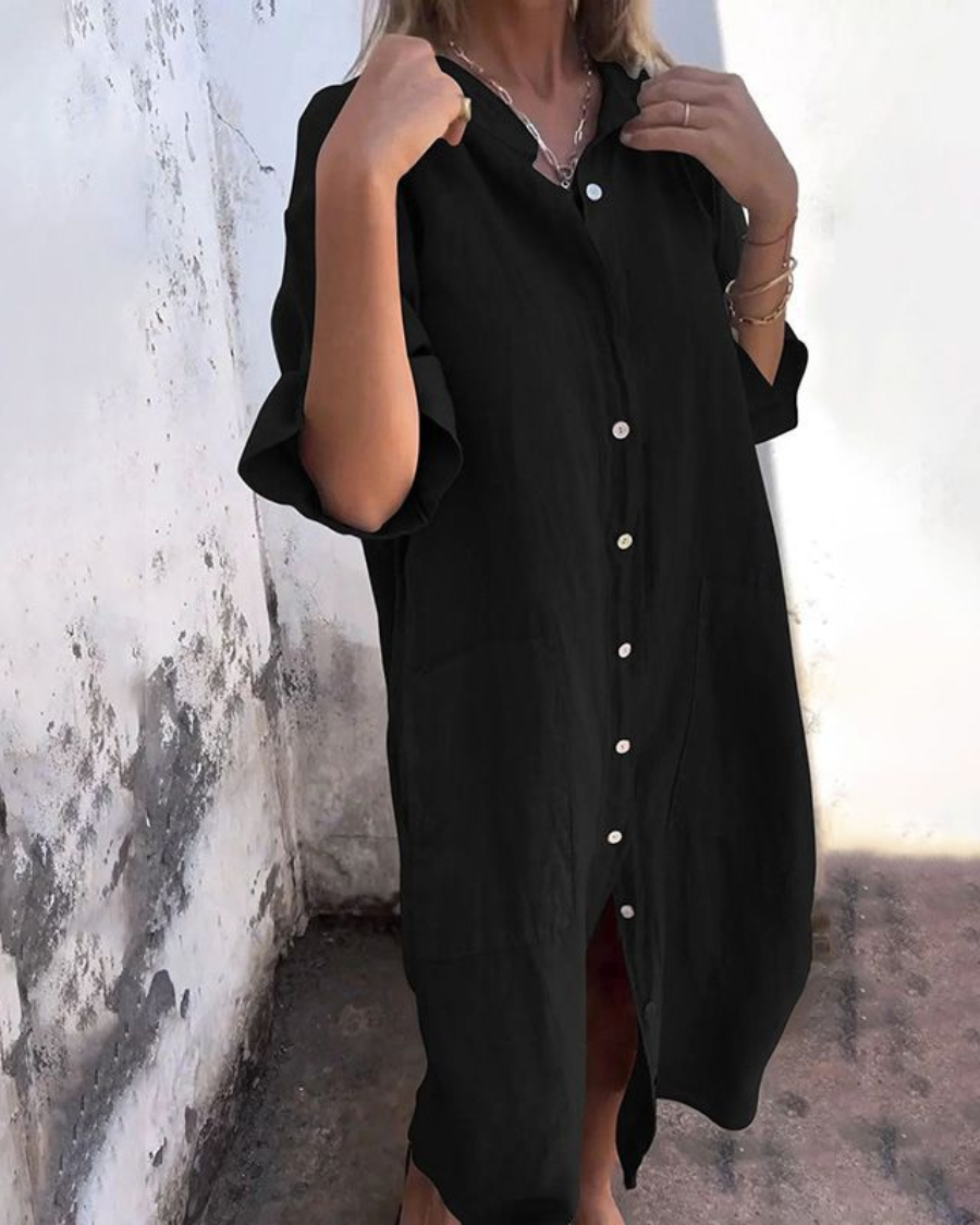 Women’s Loose Fit Midi Shirt Dress With Pocket Detail