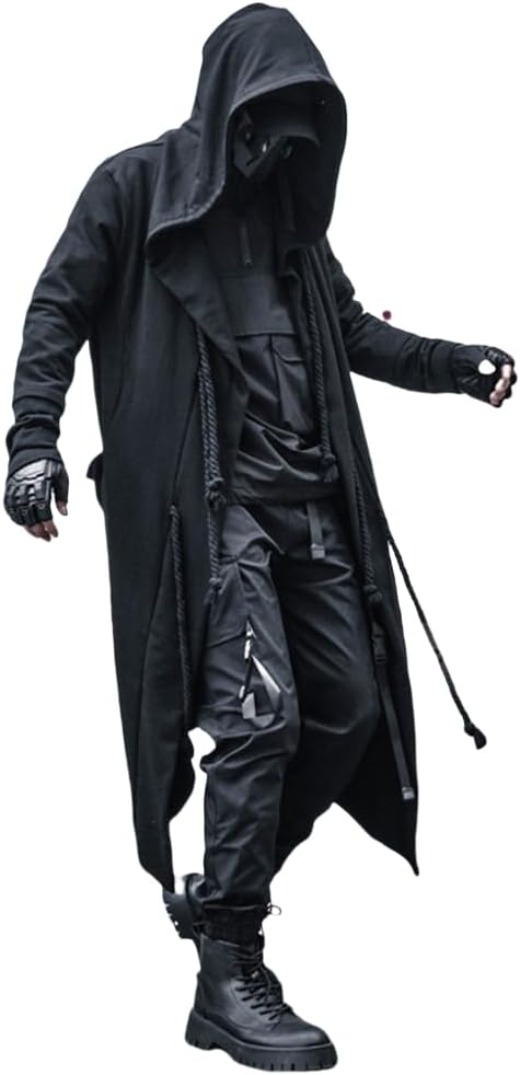 Pánsky gotický dlhý kardigán s kapucňou a splývavým predným dielom - asymetrický plášťový štýl pre alternatívnu streetwear módu
