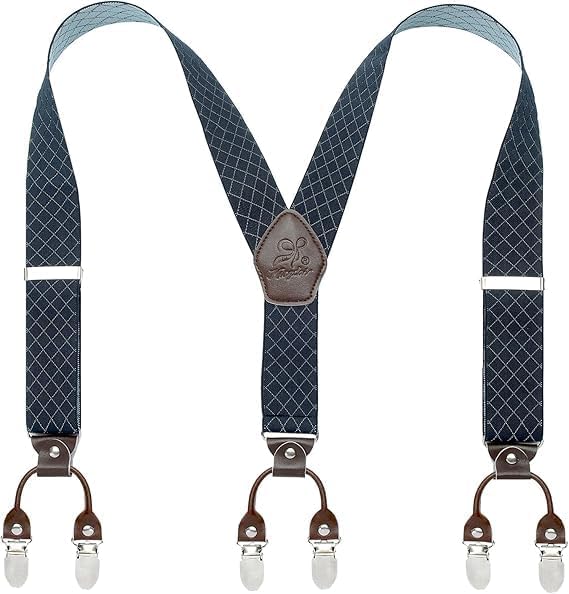 Men’s Checked Y-Back Braces – Adjustable Six-Clip Suspenders for Smart and Formal Styling