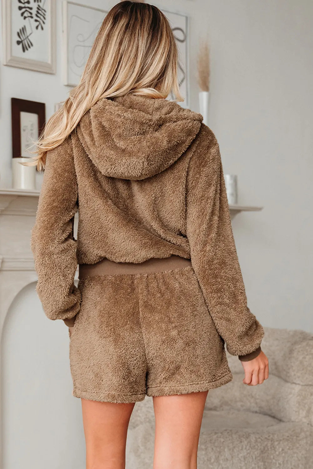 Set de damă cu hanorac cu fermoar din fleece teddy și pantaloni scurți cu șnur - ținută confortabilă de casă din două piese pentru confort zilnic
