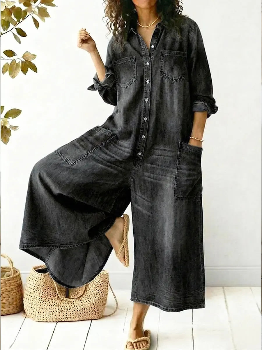 Women’s Wide Leg Denim Jumpsuit Button Front Casual Overall