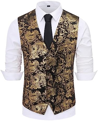 Elegante gilet da uomo in jacquard paisley - Gilet da completo slim fit in broccato con scollo a V e abbottonatura frontale per matrimoni e occasioni serali formali