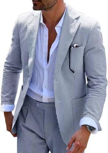Men’s Seersucker Suit Set – Lightweight Slim Tailoring for Summer Weddings and Formal Events