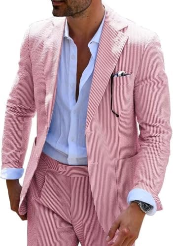 Men’s Seersucker Suit Set – Lightweight Slim Tailoring for Summer Weddings and Formal Events