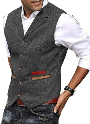Chaleco de tweed texturizado para hombre con solapas con muesca - Chaleco vintage con botones delanteros para bodas y un estilo elegante informal