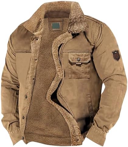 Jachetă de iarnă pentru bărbați, căptușită cu fleece - strat utilitar cu guler Sherpa și buzunare multiple, pentru călătorii în aer liber, ținute casual de weekend și stil de zi cu zi pe vreme rece