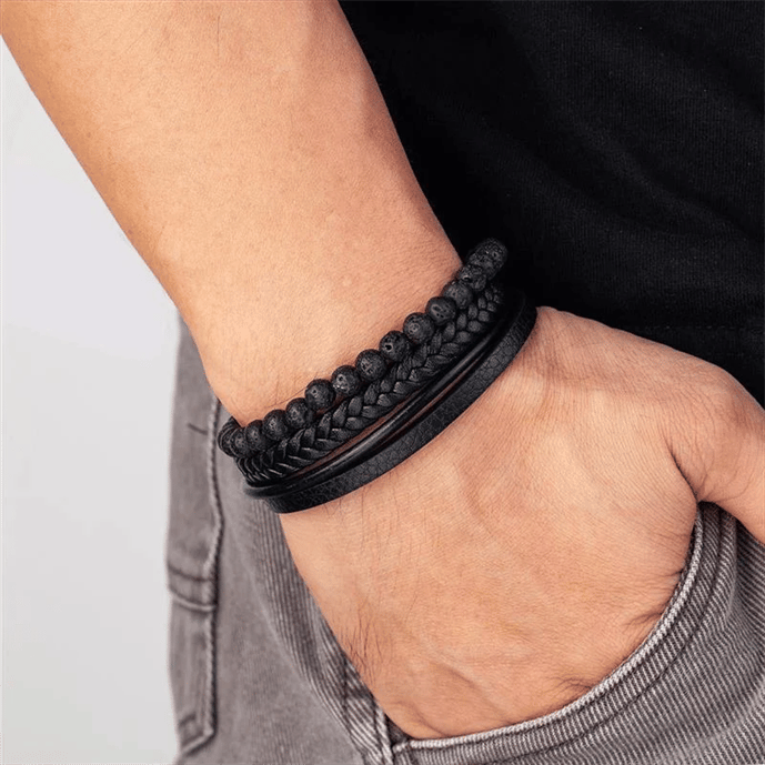 Men’s Layered Leather Bracelet Set – Braided Beaded Wristwear for Everyday Styling