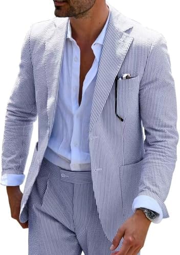 Men’s Seersucker Suit Set – Lightweight Slim Tailoring for Summer Weddings and Formal Events