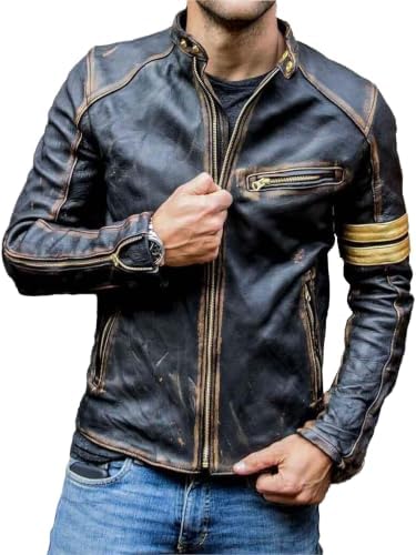 Ανδρικό biker μπουφάν από γνήσιο distressed δέρμα - vintage σχέδιο μοτοσικλέτας με φερμουάρ, όρθιο γιακά, τρέσα σε αντίθεση και τσέπες με φερμουάρ για φθινοπωρινό streetwear, σαββατοκύριακα, βραδινές εξόδους, ταξίδια και καθημερινές urban εμφανίσεις