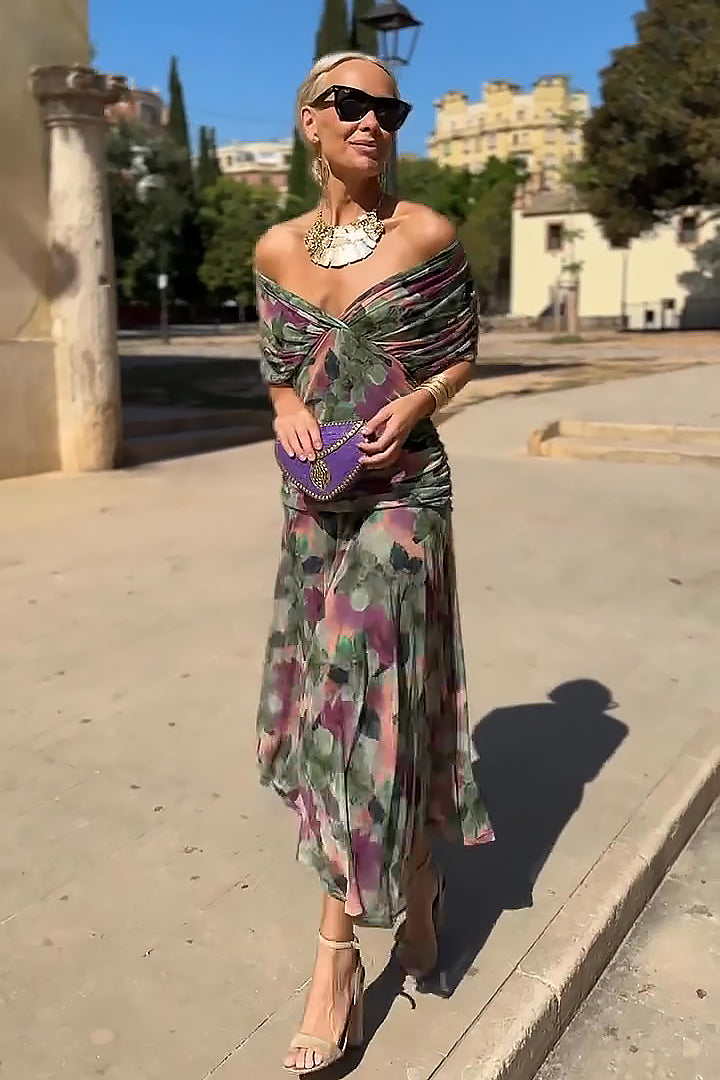 Women’s Draped V Neck Chiffon Occasion Maxi Dress
