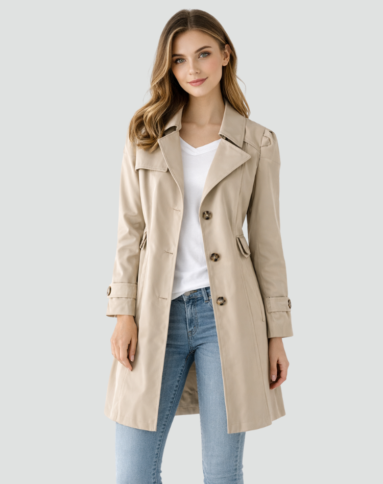 Dame skræddersyet trenchcoat med klassisk revers og mellemlang længde