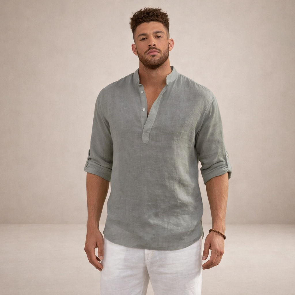 Camicia da uomo in lino con abbottonatura aperta, maniche arrotolate, vestibilità resort