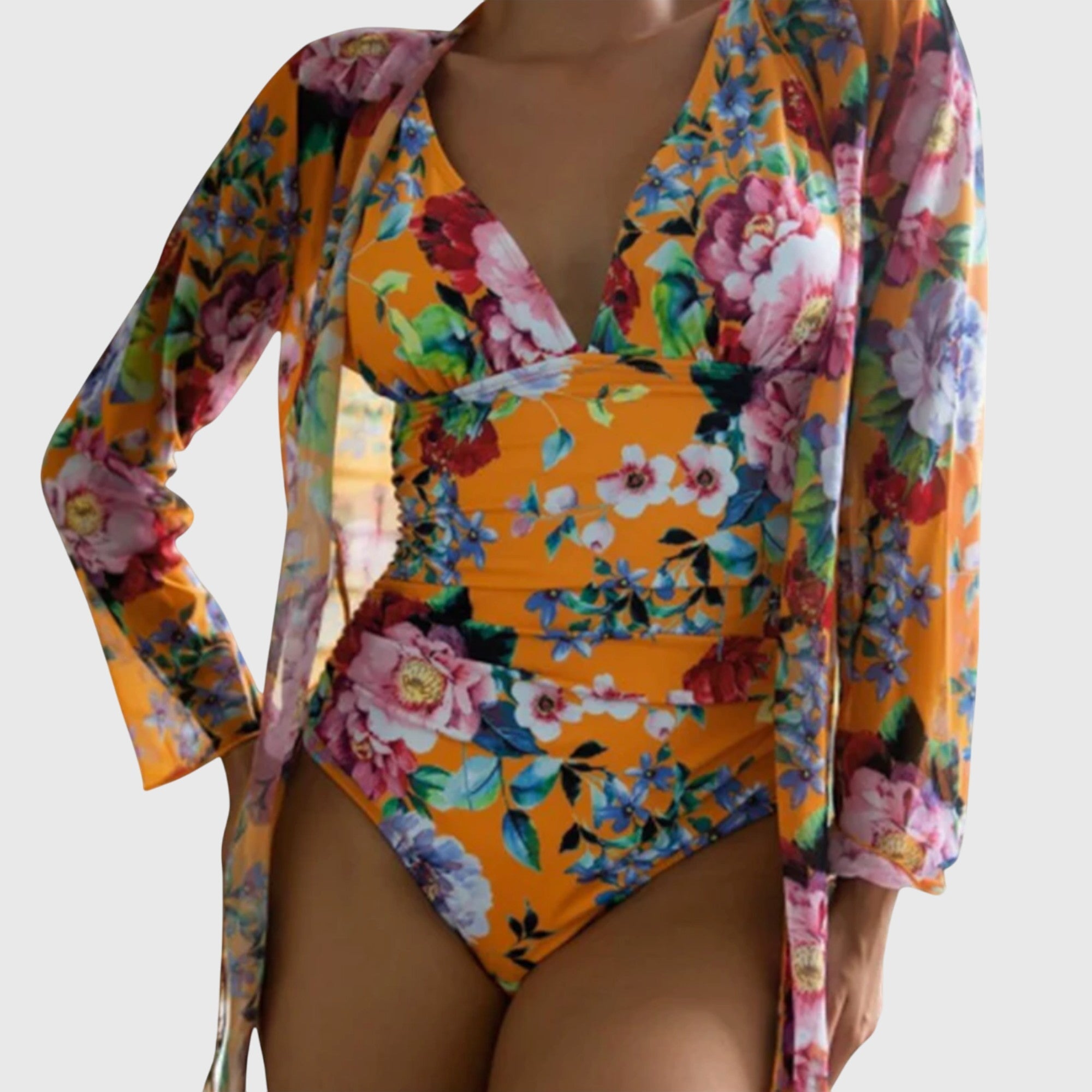 Conjunto de traje de baño de una pieza estampado para mujer con pareo drapeado para la playa